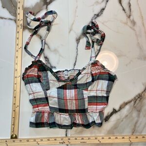 Plaid Tie-Strap Cropped Tank - Red Green White